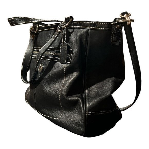 Coach Black Leather and Patent Tote Handbag Laura F14887 Coach Tag Blue Lining - Picture 3 of 16